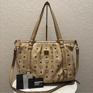 MCM Cream 2way Visetos Tote Shoulder Bag Leather